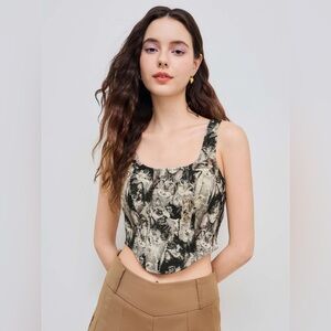 Cider - JACQUARD CAT PATTERN CORSET CAMI CROP TOP